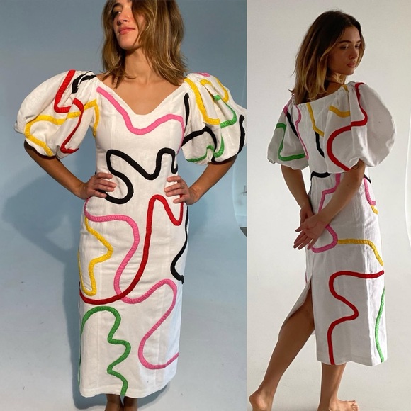 Mara Hoffman Cadiz Namari Embroidered Linen Midi Dress Size 4 - Picture 11 of 16